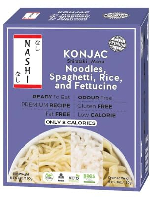 Nashi Konjac Shirataki Mix Pack - Inodore, adatto per vegani, senza grassi e a basso contenuto di calorie, tagliatelle dietetiche a basso contenuto di carboidrati (8×190g)