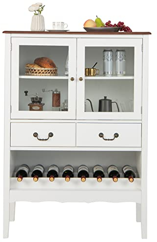 COSTWAY Buffet de Cuisine à 2 Portes Vitrées avec 2 Tiroirs Porte-Bouteilles, Meuble de Rangement Étagère Réglable Dispositif Anti-basculement pour Salon, Entrée, Cuisine, 90x40x126,5cm (Blanc)