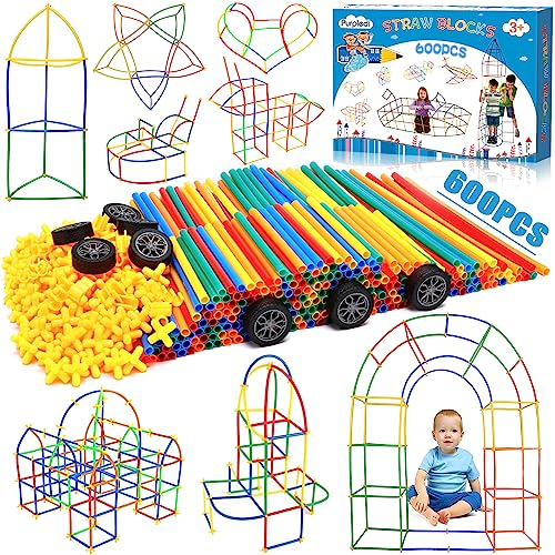Purpledi Konstruktionsspielzeug Bausteine Kreatives, Strohhalme und Verbinder Bauspielzeug Teile, DIY Set Spielzeug für Kinder, Straws Lernspielzeug ab 3 4 5 6 7 8 Jahre Junge Mädchen (600PCS)