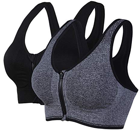 Vertvie Damen Zip Front Sport BH Vorderverschluss Push Up Ohne Bügel Bustier Running Bra Ringerrücken Strech Gepolstert Bralette für Fitness Yoga(Scwarz+grau,4XL)