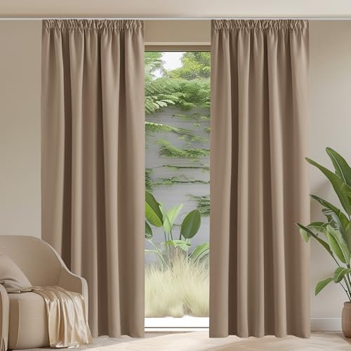 PONY DANCE Verdunkelungsvorhang mit Kräuselband Gardinen Blickdicht 2er Set H 300 x B 140 cm Wohnzimmer Vorhänge mit Haken für Schienensystem Thermogardine gegen Hitze, Cappuccino