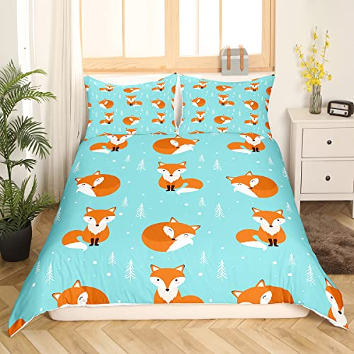 Kinder Bettwäsche Fuchs Drucken Bettwäsche Set 200x200cm Karikatur Fuchs Bettbezug Set Tier Thema Bettwäsche-Set Ultraweiche Mikrofaser, Niedlich Waldfuchs Muster für Frauen Mädchen Schlafzimmer Dekor