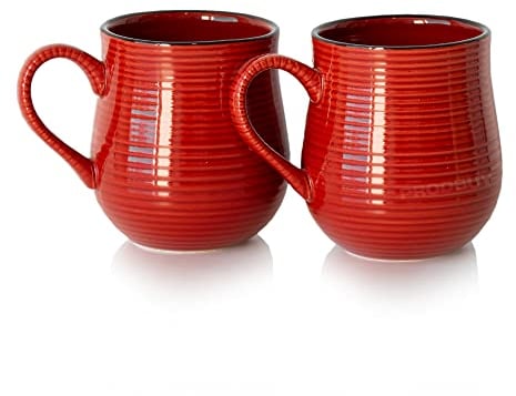 Prodbuy [Set of 2] Large Red Ribbed 400ml Stoneware Coffee Mugs
