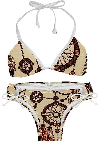 GIAPB Bikini Sets für Damen Neckholder gepolstertes Oberteil seitlich gebundener Triangel Bikini Badeanzug,Stammes Boho Traumfänger Federn,S
