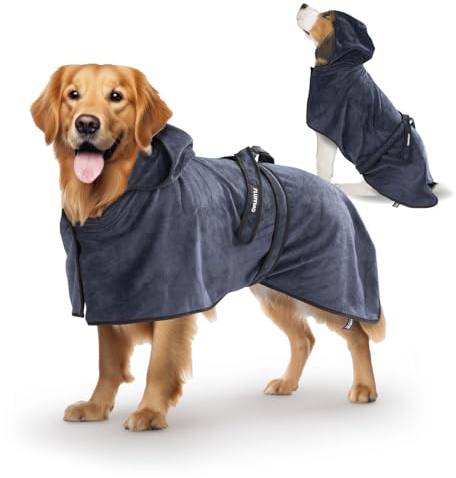 FLUFFINO Hundebademantel Dunkelblau Gr. S | Soft, saugstark, waschbar, schnell trocknend | Tierhandtuch + Klettverschluss | Badetuch Kleiner Hund + Katze | Haustierzubehör