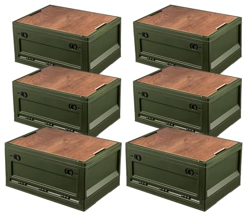 Froppi 6 Pack x 45L Plastic Storage Box with Lid | Large Camping Storage Box | Collapsible Car Boot Organiser | Wooden Board Lid | Green L50.5 W36 H29 cm