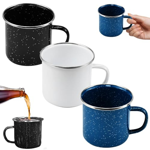 LPAMABA 3 Pz Tazza Smalto,Tazza da Caffè Smaltata in Metallo da 380ml,Tazza da Campeggio Smaltato con Manico,Colorato Smalto Tazze per Tè, Caffè, Acqua, Picnic Viaggio(Bianco Bero Blu)