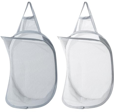 Hwtcjx 2 Stück Wäschekorb Hängender, Faltbarer Laundry Basket, Hänge Netzkorb Bewahren Zusammenklappbar Hängend Speicher Korb, Wand-Wäschekörbe aus Mesh für Heim Reisen Badezimmer (Weiß, Grau)