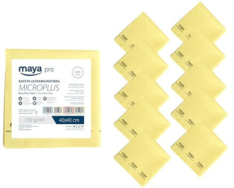Maya Bayeta MICROPLUS. Especial para Vajillas y Cristales. No Deja Marcas. Muy Absorbente y de Secado Rápido. 100% Microfibra. Pack de 10 Unidades (Amarillo)