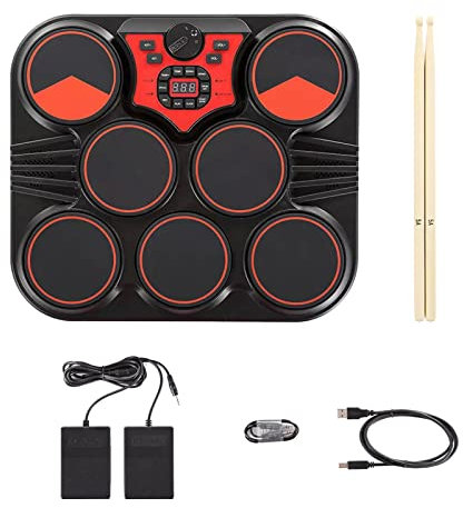 Solinder Batería electrónica de sobremesa, batería electrónica con USB/batería, 7 almohadillas, portátil, con altavoces integrados, batería de litio recargable con 2 baquetas, pedales de pie para
