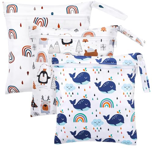 Kaisibum 3 Stück Wet Bag Kindergarten,28 * 30CM | Wasserdichte Wetbag, Wiederverwendbare Nasstaschen, mit Reißverschluss, Nassbeutel Kindergarten, für Baby Reisen Unterwegs