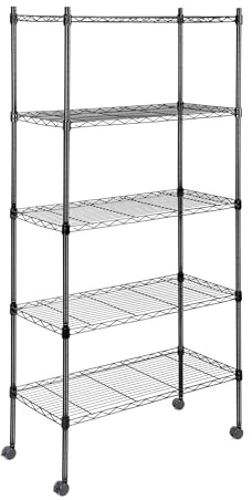 Simple Deluxe 5-stöckiges Lagerregal, 61 x 35 x 150 cm (B x T x H), Drahtregal mit Rollen und Nivellierfüßen, Schwarz