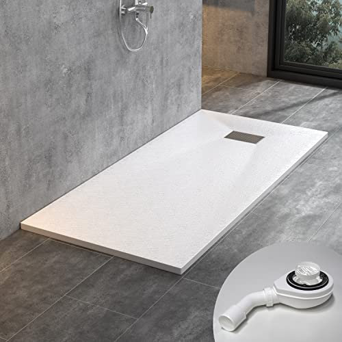 WITEN&NOCK Duschwanne 170x70 cm SMC Brausewanne Weiß Steinoptik Duschtasse Extraflach Anti-Rutsch mit Ablaufgarnitur und Edelstahl-Abflussrinne