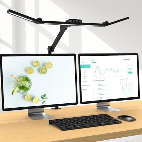24W Superhelle Dimmbare LED Schreibtischlampe, 1500 Lumen LED Tischlampe für Haushalt und Büro mit Ambiente-Licht, Tageslichtlampe, Klemmlampe mit Drehbarer Lichtstange, Bürolampe [Energieklasse G]