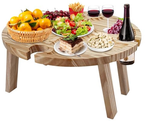 WIYETY Table de pique-nique pliable en bois : table de pique-nique portable avec support pour verre à vin rouge, table de jardin ronde en bois, table de pique-nique champagne, pour pique-nique,