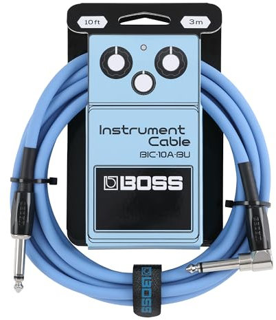 BOSS BIC-10A Series, Instrument Cable, Straight to Right-Angle ¼-Inch Connectors, 10ft./3m Length, Cables for Guitar, Bass & More, Quiet Operation & Durable, Blue