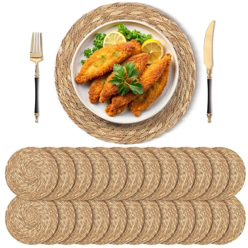 Kochorie Set mit 24 runden gewebten Platzdeckchen, 35 cm, Bulrush Tischsets, natürlich, handgewebt, Boho-Rattan-Platzsets, Weiden-Tischsets, Bauernhaus, gewebt, Platzsets für Zuhause, Esstisch