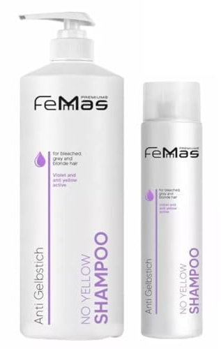 FemMas No Yellow Shampoo Set 1000 ml & 300 ml I Silber Haarpflege gegen Gelbstich für weißes, graues & blondiertes Haar mit Violett-Pigmenten für ein kühles Finish