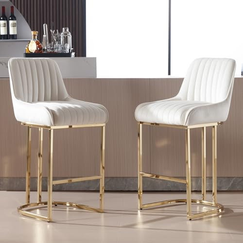 Ya-Home Tabouret de Bar Lot de 2 avec Pied Doré Chaise Bar en Velours Chaise de Bar avec Cadre en Métal Tabourets de Comptoir avec Dossier et Repose-Pieds, Beige