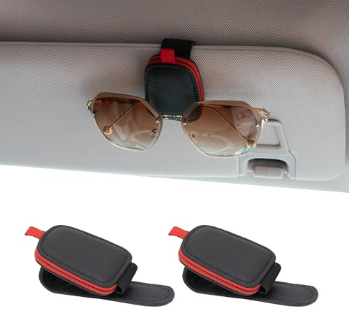 Yuoyar Sunglass Holder for Car, Magnetic Leather Sunglasses Holder and Ticket Card Clip, Car Visor Accessories, 2 Packs (Black-red)