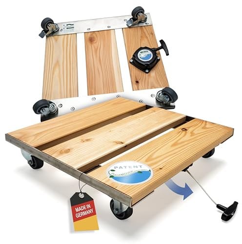 PlantMOVER Pflanzenroller mit Seilzug - 150kg Tragkraft 42x42cm – Edelstahl/Holz Pflanzenroller eckig mit robusten Rollen - Rollbrett für Pflanzen - Einfach ziehen, Made in Germany
