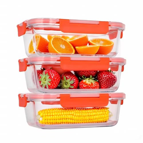 Glass Lunch Boxes with Lids - Set of 3 Rectangular 1040ml Containers - Airtight, Leak-proof, Microwave and Dishwasher Safe - Great for Snacks, Sauces and Lunch Boxes (Red)