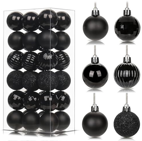 36Pcs Black Baubles for Christmas Tree, 4cm Mini Shatterproof Plastic Christmas Balls Ornaments with Strings, 6 Design Xmas Baubles Hanging Balls for Indoor Outdoor Xmas New Year Party Decor