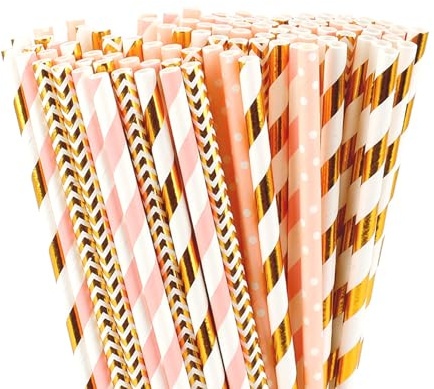 100 Gold Pink Paper Straws - 100% Biodegradable & Compostable, Sturdy & Non-Soggy Eco-Friendly Drinking Straws for Cocktails, Parties, Birthday & Wedding