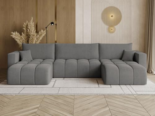 GRAINGOLD Neva U Ecksofa mit Schlaffunktion & Bettkasten 370x170 cm, U-Form Sofa mit Stauraum, Schlafcouch für Wohnzimmer, Velvet-Stoff, 5-Sitzer Wohnlandschaft, Modernes Design (Dunkelgrau)