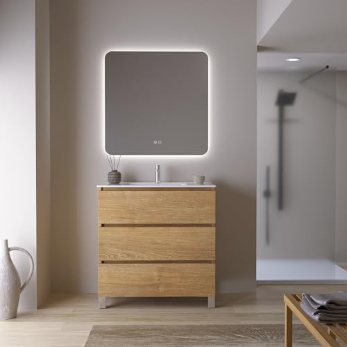 Feel Your Bath Conjunto Mueble de Baño Jaguar 100 cm Marrón Madera, 3 Cajones Soft Close, Patas Negras, Encimera Cerámica Blanco Brillo con Lavabo y Espejo Cuadrado LED Antivaho, Gran Almacenaje