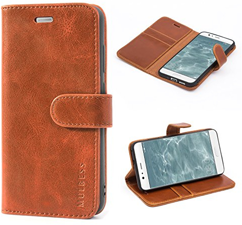 Mulbess Handyhülle für Huawei P10 Lite, Leder Flip Case mit Kartenfächern, Magnetischer Verschluss, Ständer, Braun
