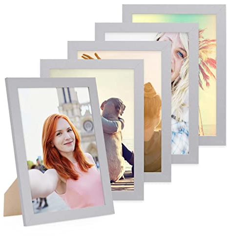 PHOTOLINI Bilderrahmen A4 Set Holz MDF, 5er Set breite DIN A4 Bilderrahmen 21x30 Silber, bruchsicheres Acrylglas, picture frame zum Aufhängen & Aufstellen, Bilder Rahmen 30x21 mit Zubehör