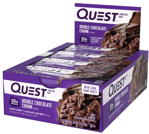 Quest Nutrition Double Chocolate Chunk Flavour Protein Bar, Gluten free, Vegetarian friendly, Low Sugar, Keto Friendly, 12-Count, 102081
