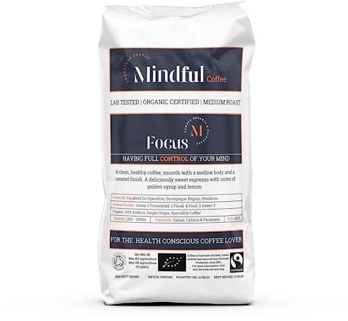Mindful Coffee - Focus 250g| Organic Clean Ground Coffee| Lab Tested - Mycotoxin Free| Freshly Roasted |Single Origin Speciality|Cafetiere Grind