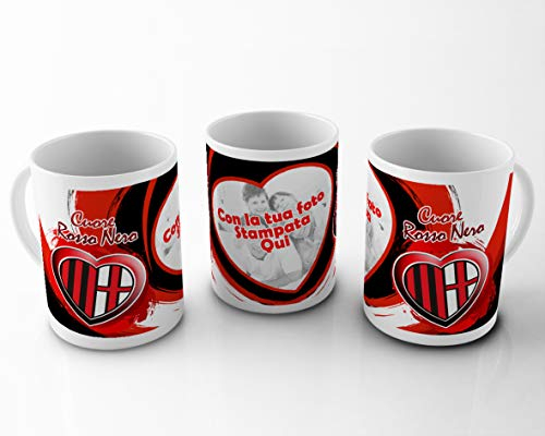 quickgadget Idea Regalo Tazza Sport in Ceramica Personalizzata con Foto per Tifoso Milanista Milan Cuore Rosso Nero