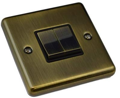 Antique Brass 2 Gang Light Switch c/W 1 x Standard Switch and 1 x Intermediate Switch