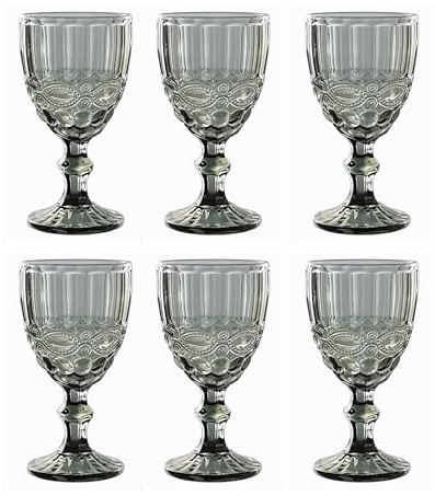 Vintage 6er-Set Farbige Weingläser und Trinkgläser mit Prägung Relief (Schleife, Grau, 350 ml) Weinglas, Trinkglas, Wasserglas, Longdrinkgläser, Cocktail Gläser, Glas, Glaskelche