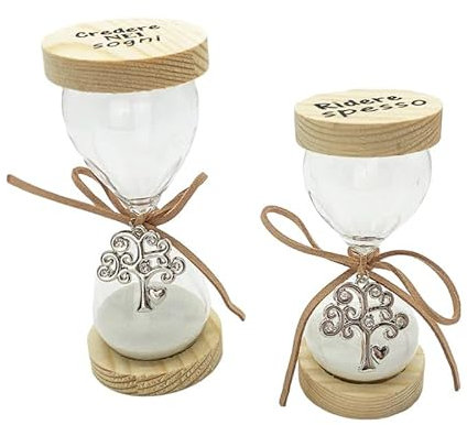 Ingrosso e Risparmio Bomboniera Matrimonio 1 pz Clessidra in Vetro con basi in Legno e Frasi assortite con Ciondolo Albero della Vita (Grande)