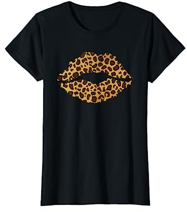 Cool Lips Kiss Me Leopard Print Damen T-Shirt Schwarz S Leopardenmuster Kiss Me Grafik Kurzarm Klassische Passform Imported