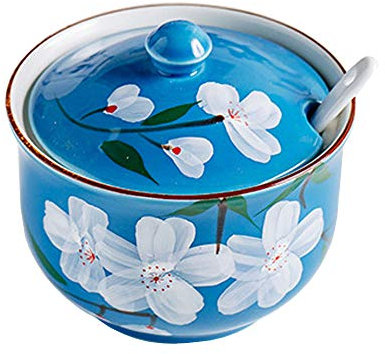 FUYU Hand-painted Flower Ceramic Condiment Pot Seasoning Jar Sugar Bowl with Lid and Spoon, Blue