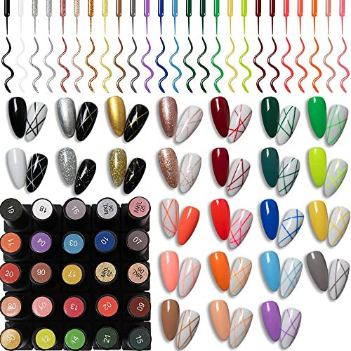 25pcs Liner Pen Gel Nail Polish Kit, Painting Drawing UV Led Gel Polish Set, DIY 3D Gel Nail Paint Nail Gel Polish Pull Line Pen Tool for Nail Manicure Rosa Gold Silver Black Red Green White Nude