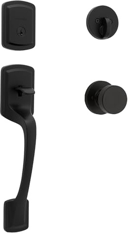 Kwikset Prague Front Door Lock Handle and Deadbolt Set, Entry Handleset Exterior with Interior Door Knob, Matte Black, Pick Resistant SmartKey Rekey Deadbolt Security, 98180-026