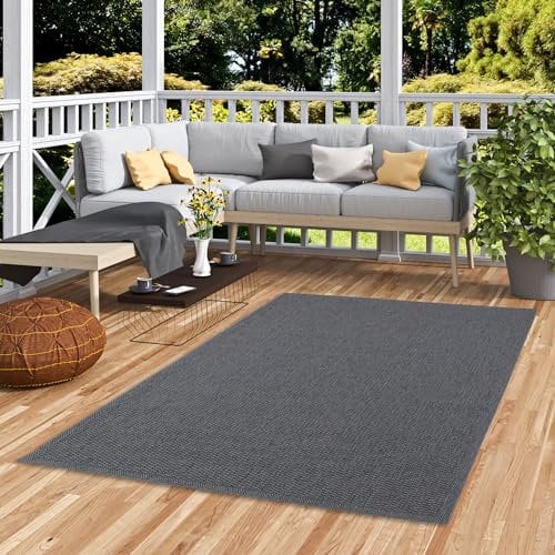 In & Outdoor Flachgewebe Sisaloptik Natur, Terrasse und Balkon Teppich Marbella Anthrazit Bordüre in 5 Größen