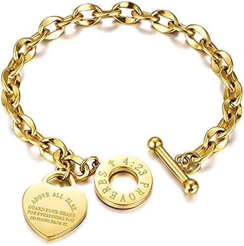 Modisches Damen-Armband Anhängerarmband Inspirierende Bibelsprüche 4:23 Titanstahl vergoldetes ovales Kettenarmband Ein Geschenk für Mütter, Frauen, Teenager und Mädchen Gold