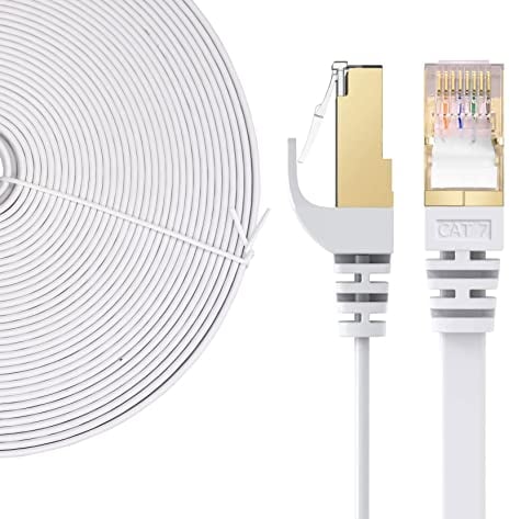 Elfcam® - 8m LAN Kabel Netzwerkkabel Cat 7 Ethernet Kabel mit Vergoldetem RJ45 Stecker Flach und Dünn, 100% Kupfer Starres Verlegekabel, STP, 32 AWG, Weiß (8m)