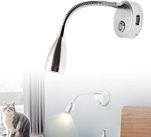 JUTTAUTO 12V LED Spot Leselampe mit Push-Dimmer Schalter & USB-Ladegerät Wohnmobil Innenbeleuchtung Flexibler Schwanenhals neben Wandleuchte für Wohnmobil Anhänger LKW Wohnmobil (Silber-1 Stück)