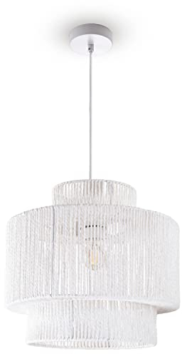 Paco Home Pendelleuchte Esstisch Papier Boho Hängelampe Esszimmer Lampe E27 Hängeleuchte Rattan, Farbe:Weiß (Ø40cm), Leuchtenart___Farbe:Pendelleuchte - Weiß