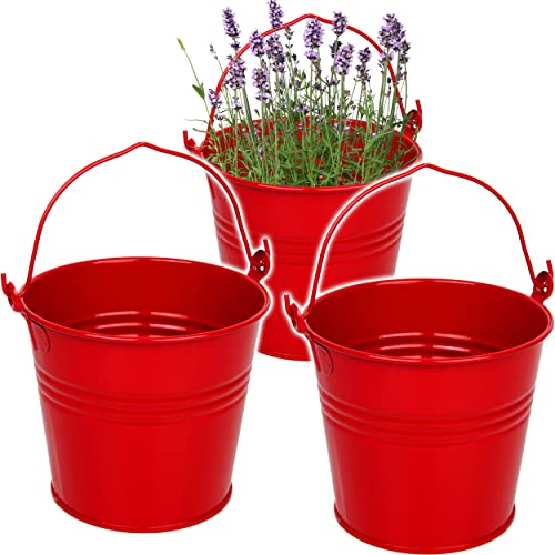 Kleiner - Metalleimer/Blumentopf - rot - 15 cm hoch - 2 Liter - Metall rostfrei - Blech Eimer - rund - mit 3-D Effekt Rillen Prägung - mit Henkel - frostsic..
