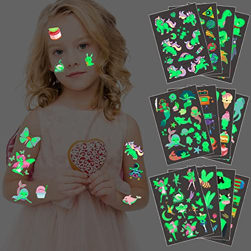 Kinder Tattoos Set für Mädchen und Jungen - 12 Blatt Leuchttattoos, Mixed Style Cartoon Tattoos Hautfreundlich - Kleine Geschenke, Give Aways, Mitgebsel für Kindergeburtstag Party Deko