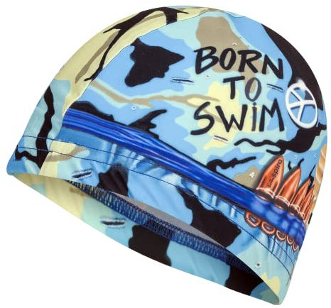 Gorro de Tela Born to Swim Azul | Gorro de Natación | Gorro de Piscina | Alta Comodidad y Adherencia | Arte y Natación